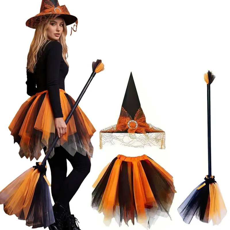 3-piece Halloween witch costume set, pointed hat with lace trim, layered tutu skirt, broom prop, perfect for Halloween parties