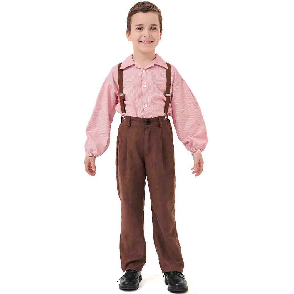 Boys Colonial Pioneer Farmer Costume Set, Pink Striped Shirt Brown Suspender Pants with Braces, 100% Polyester Kids Historical Role Play Outfit for Halloween World Book Day clothing