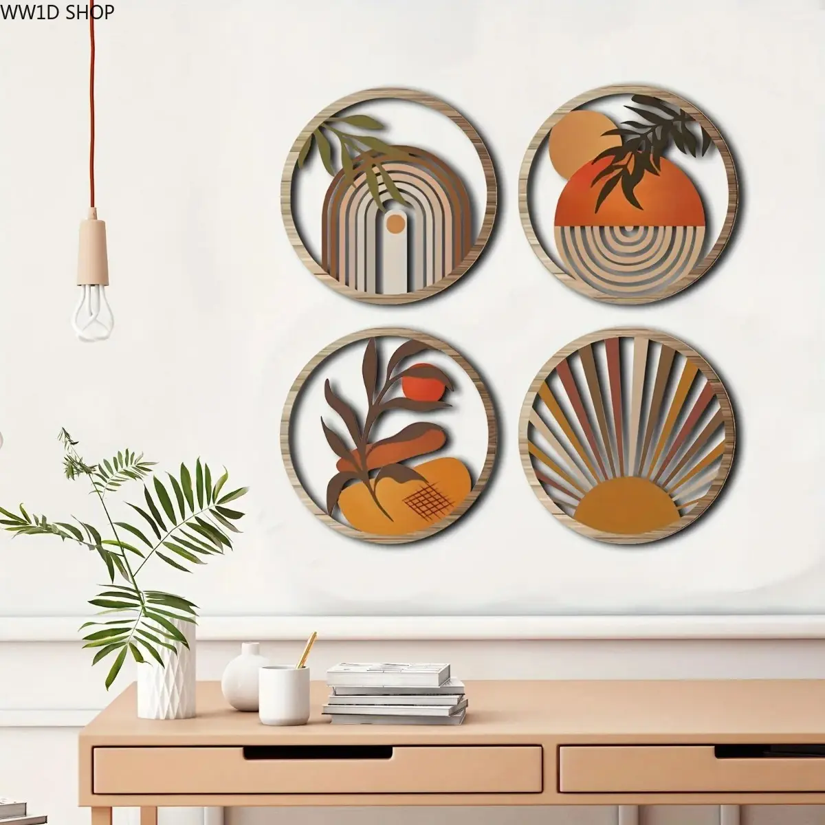 Boho 4-Piece Wooden Wall Art Set - Layered Round Sun, Leaf Panels with Hollow Geometric Design, Artistic Decorative Hanging for Nursery, Farmhouse Living Room Home Decor