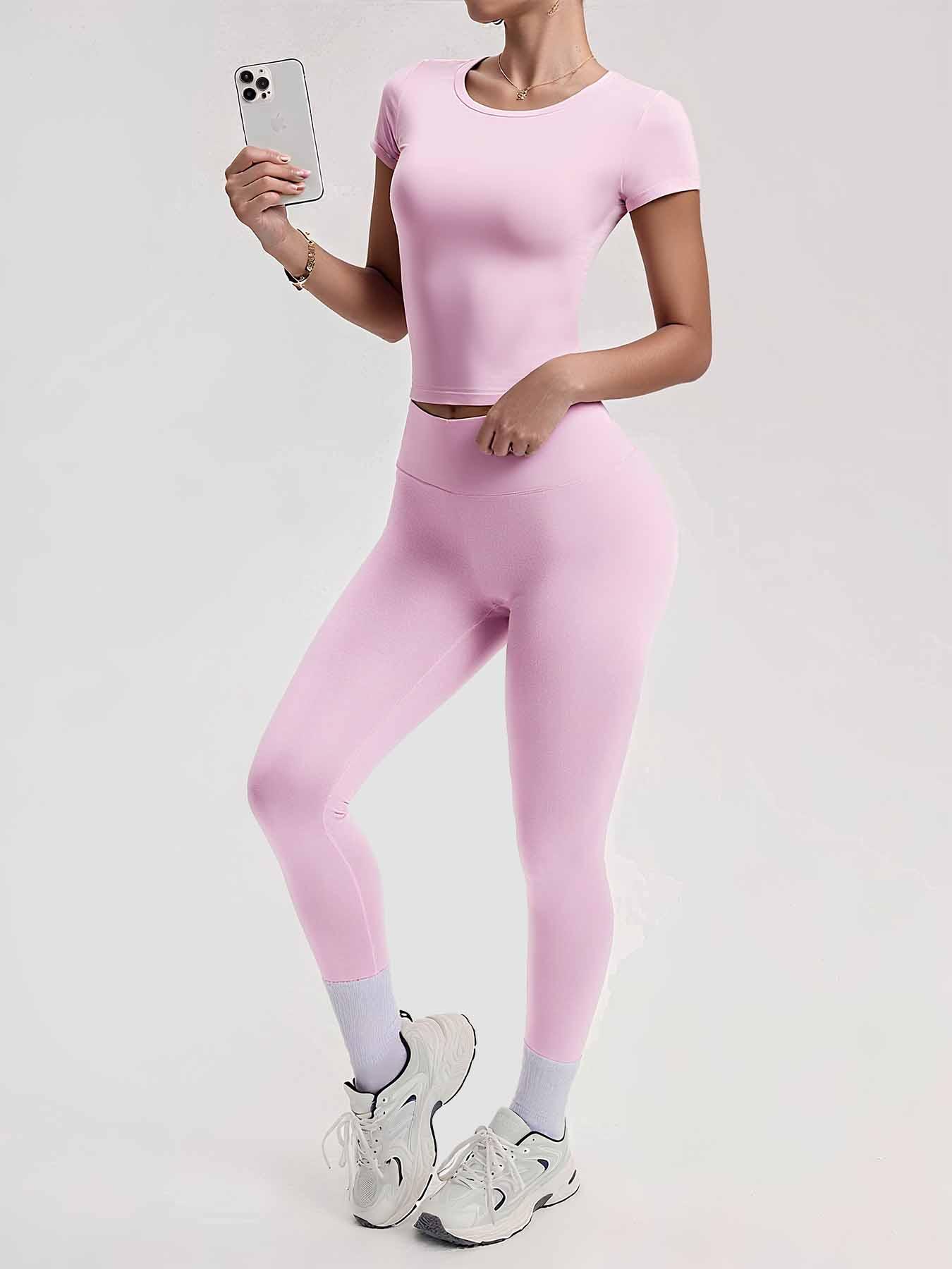 Athleisure wear set, 2-piece set - Solid color round-neck T-shirt short sleeves, Women's high-waisted lifting and tucking in tight-fitting sports pants, suitable for daily yoga and gym workouts