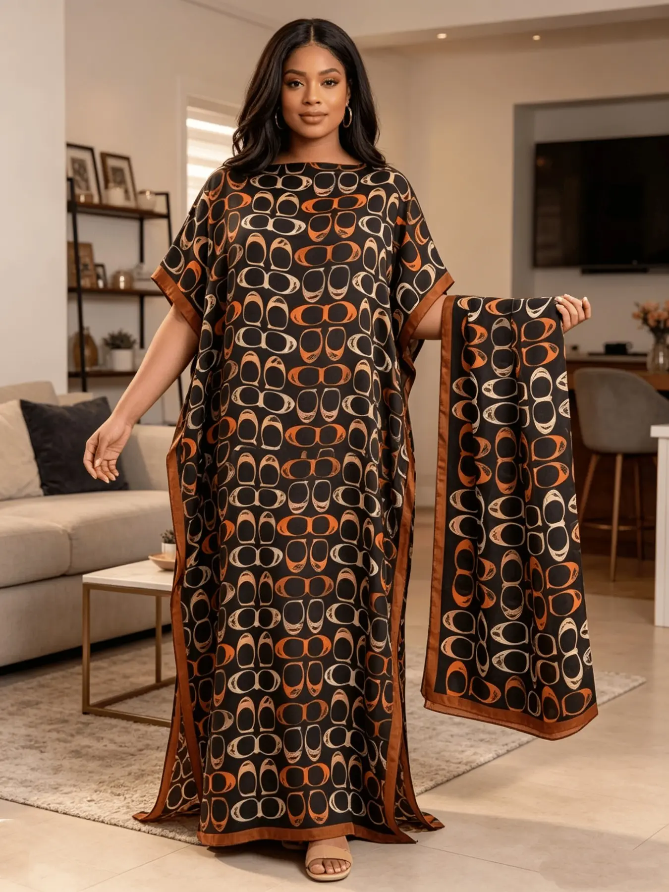 Black Base Brown White Oval Sunglass Print Kaftan Two Piece Set With Matching Scarf, Oversized Split Hem Maxi Robe, Soft Casual Loungewear Beach Night Dress, Fits Plus Size Curvy Figures