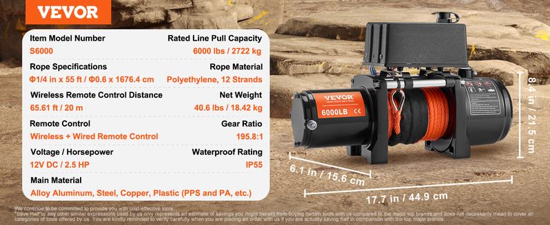 VEVOR Electric Winch, 6000 lb Truck Trailer Winch, 12V DC 1/4 in x 55 ft Synthetic Rope Aluminum Fairlead Wireless & Wired Remote Control, IP55 Waterproof Towing for Off Road SUV ATV UTV Jeep Boat