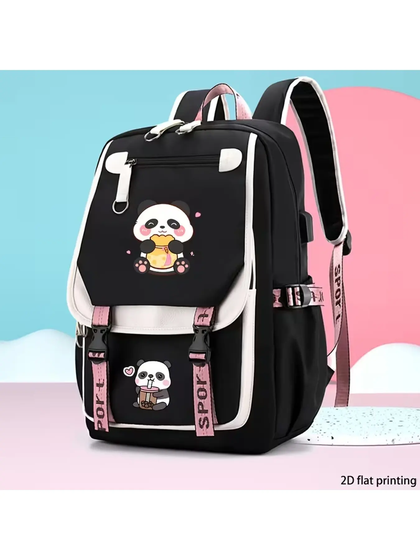 Creative Panda Milk Tea Pattern Printed Large Capacity Backpack, Adjustable Shoulder Straps, Suitable for Daily Commuting And Travel, Casual Backpack | Playful Design | Lightweight Backpack(2D Flat Printing), 2D Flat, for Teenager