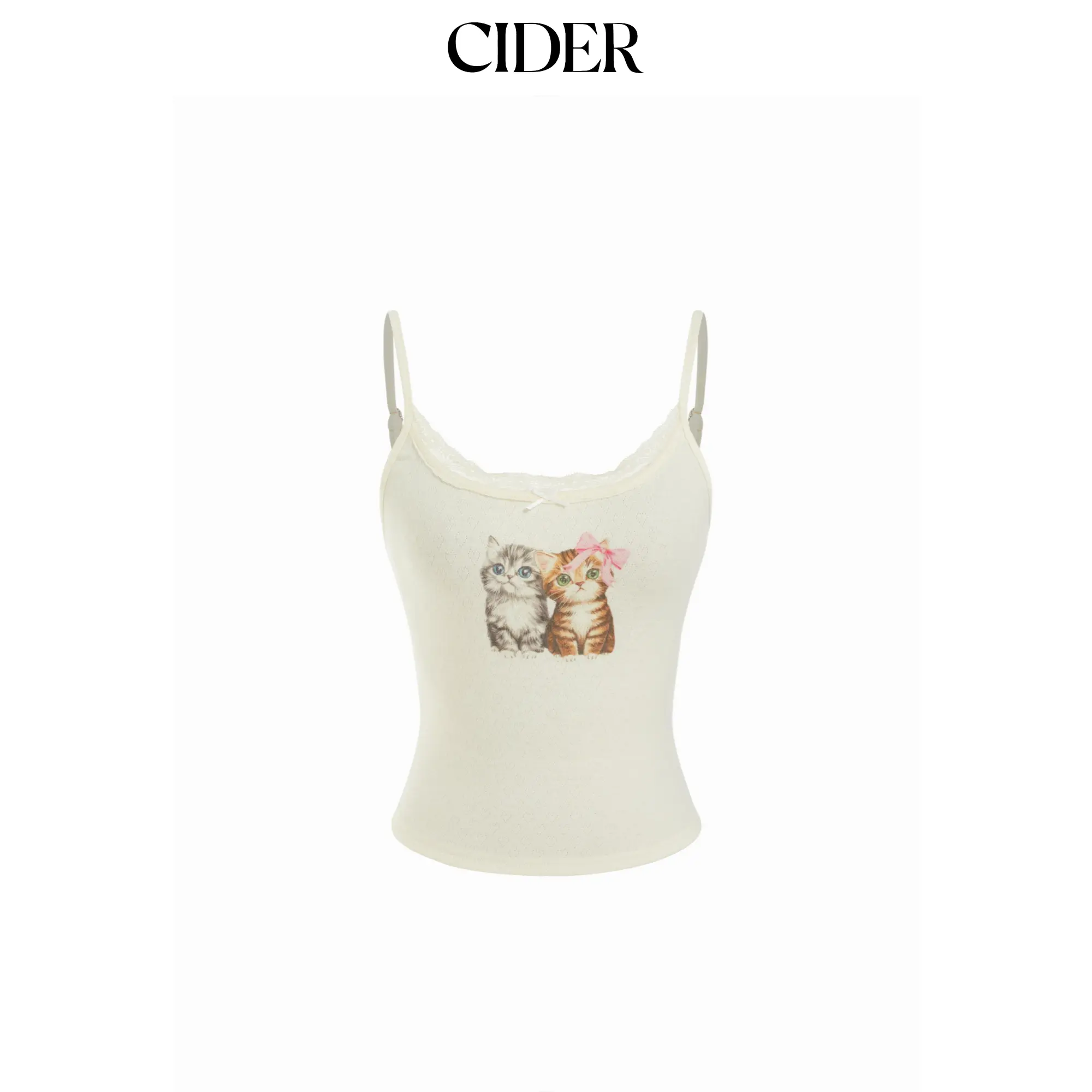 Cider Pointelle Cat Graphic U-neckline Lace Trim Bowknot Cami Top SummerWins SummerFinds