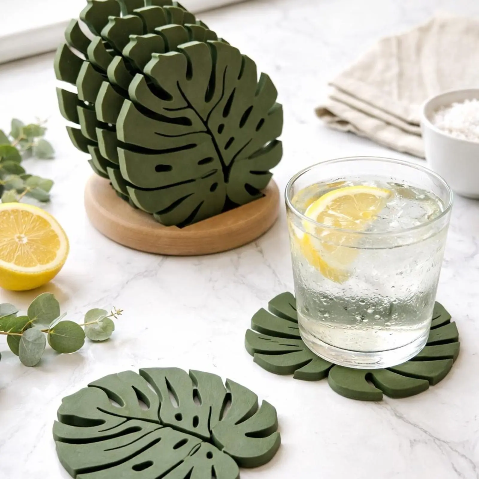 Set of 5PCS Monstera Leaf Decorative Coaster Set, Non-Slip Heat Resistant Silicone Coasters for Drinks, Tropical Green Plant Home Decor, Aesthetic Cup Mats for Coffee Table, Unique Gift for Plant Lovers, Housewarming Kitchen Accessories (Base included)