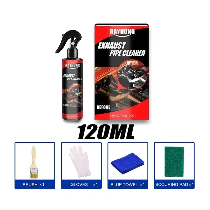 120ML Car Motorcycle Exhaust Pipe Cleaner, Car Rust Remover with Gloves and Brush, Repair Maintenance Tool Set, Car Clean Tools