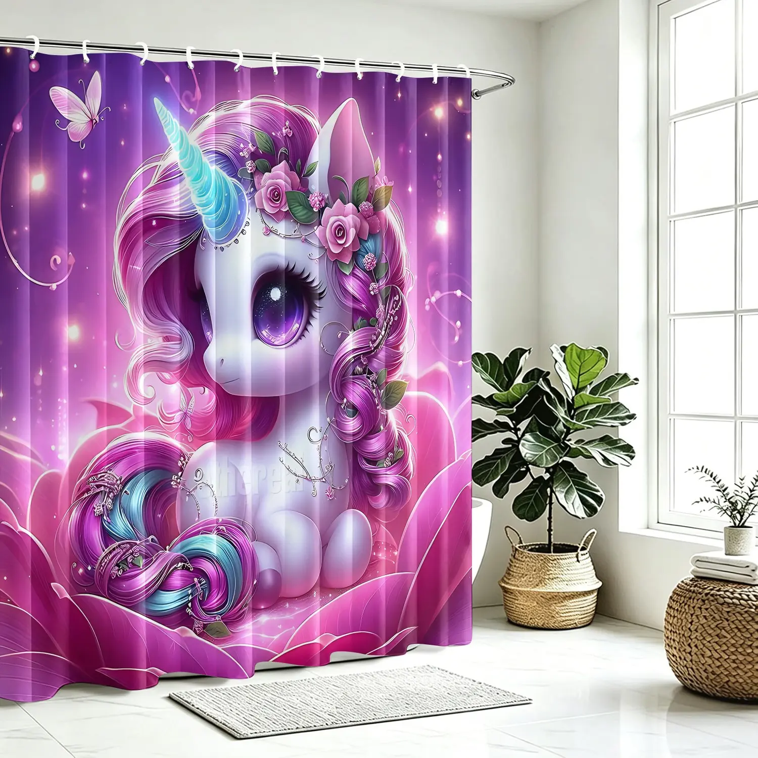 Dreamy Purple And Pink Floral Unicorn Waterproof Shower Curtain, Glowing Purple Sparkle Background Cute Baby Unicorn Pink Rose Flower Butterfly Large Petal Print Polyester Mildew Resistant Bathroom Curtain With Hooks, Suitable For Bathroom Decor