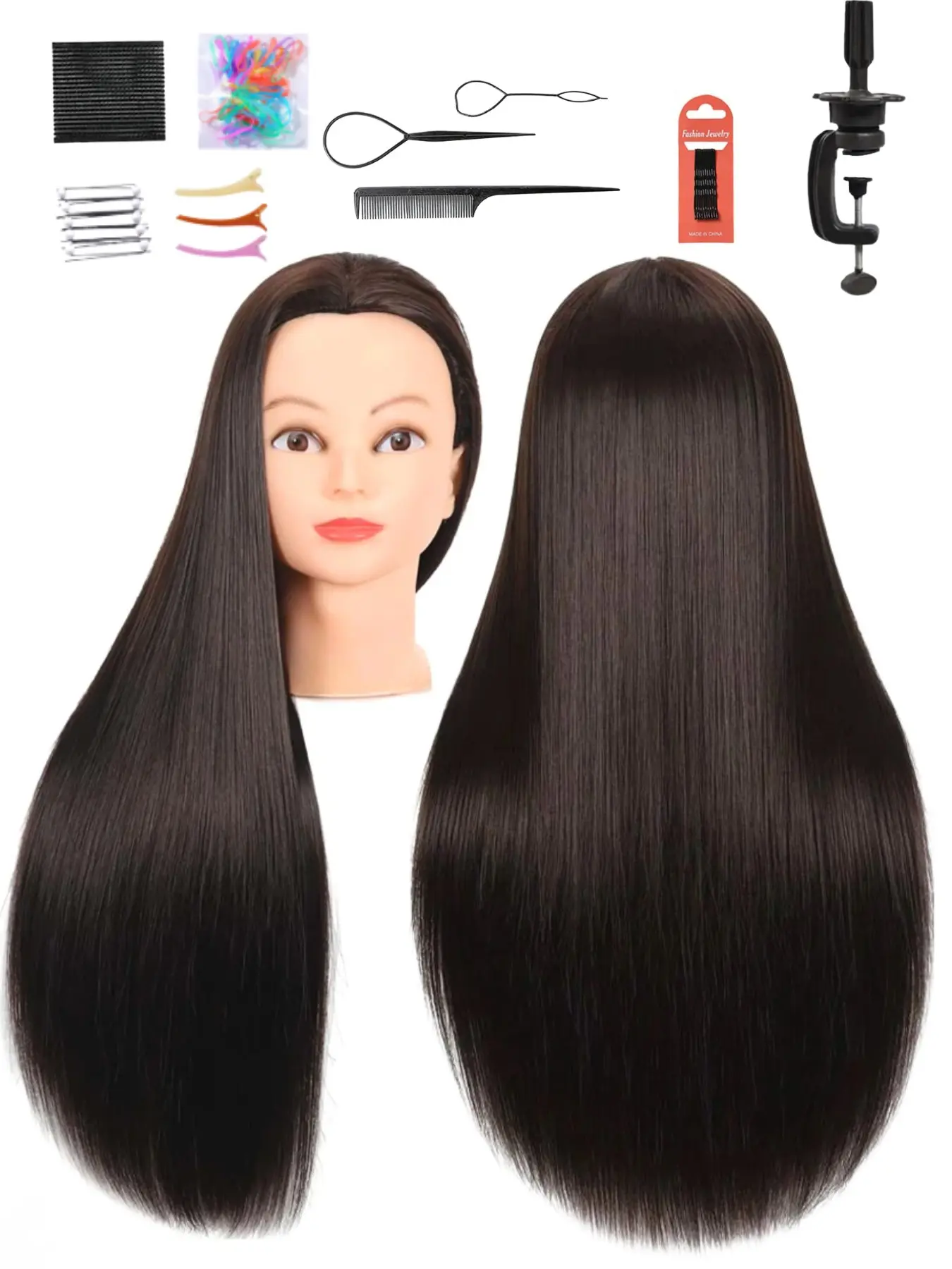 26 Inch Natural Black Synthetic Hair Mannequin Head with Clamp Stand & Full Styling Tools. Ideal training doll for braiding, cutting & styling practice, perfect for hairdressing students and DIY hairstyle beginners.comes with gift box