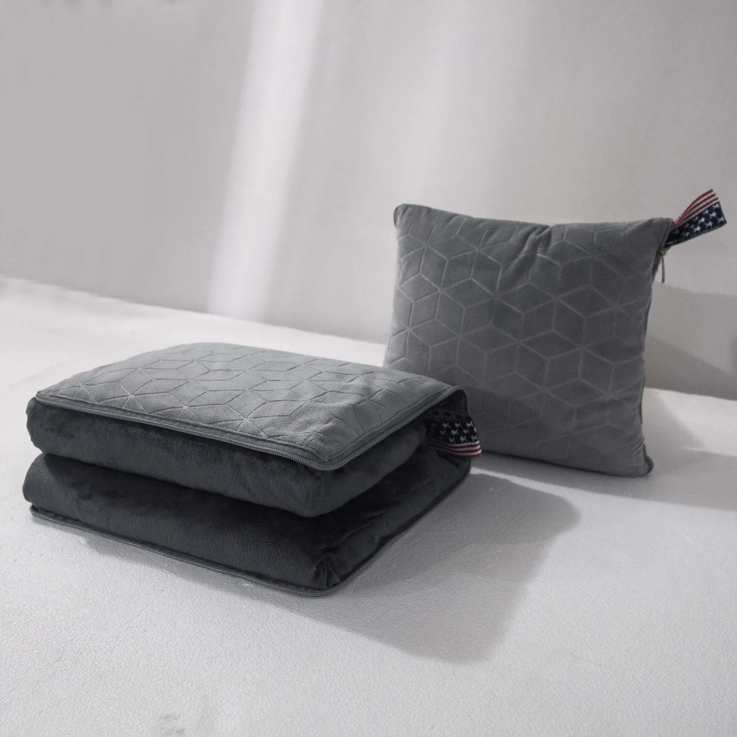 A Compact 2-In-1 Weighted Blanket Measuring 24 by 40 Inches And a Pillow Sized 11 by 11 Inches, Featuring a Dual-Purpose Design in Silver And Dark Gray, Weighing 6 Pounds