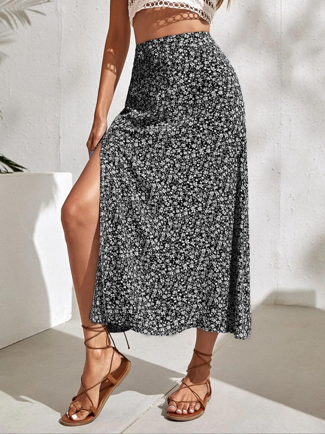 Women's Ditsy Floral Print Split Thigh A Line Skirt, Boho Bohemian Casual High Waist Midi Skirt for Beach Holiday Vacation, Summer Outfits 2024, Ladies Summer Clothes, Womenswear Bottom