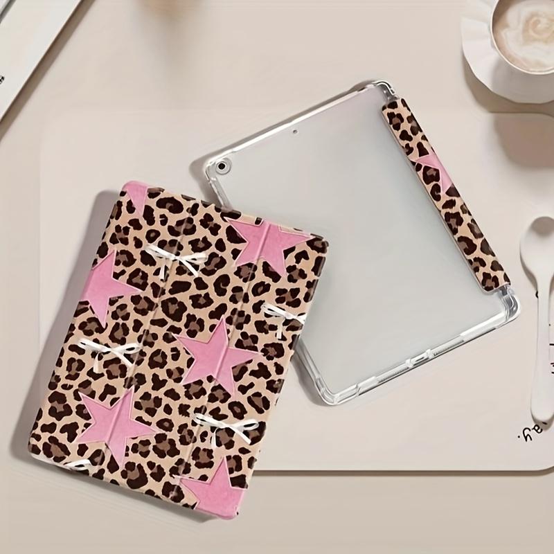 Leopard pink starfish pattern, with adjustable bracket and pen slot, foldable non-slip TPU protective case, suitable for iPad mini, iPad Air, iPad Pro/iPad 10th generation, 11th generation and other series iPad protective cases