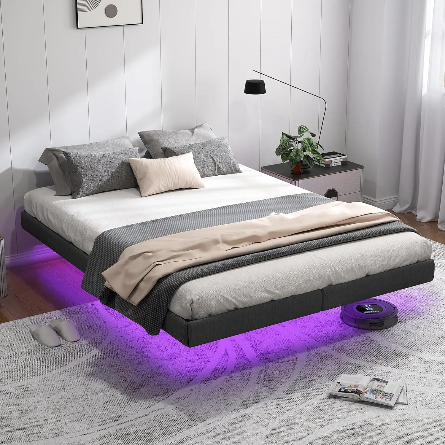 Full Size Grey Metal Floating Bed Frame with LED Lights, Under Bed Storage, Heavy Duty Steel Slats Support, Noise-Free, No Box Spring Needed, Easy Setup, Easy Assembly