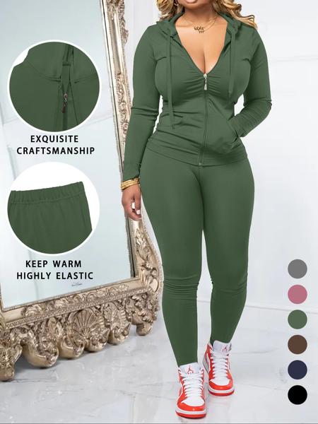 Women's Fall Zipper Hoodie and Skinny Pants Set, Casual Long Sleeve Outfit with Pocket Design, Two-Piece for Daily Wear