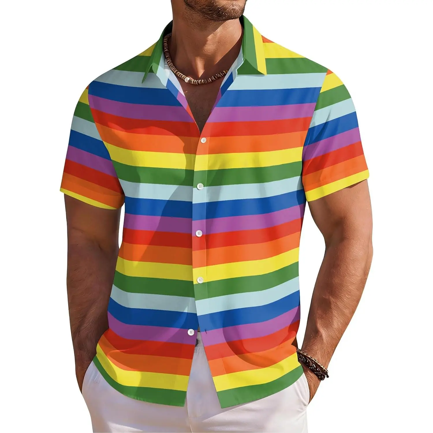 Men's Collared Neck Rainbow Graphic Button-Down Fabric Shirt - Menswear Multi-Size Pride Event Tops, No Excessive Decor Casual Love is Love Apparel, Clothes