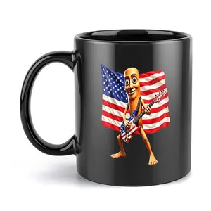 Novelty 4th of July Patriotic Keepsake Mug 11oz 15oz Black Ceramic, Double Sided American Flag Guitar Funny Peanut Character Print, Quirky Independence Day Souvenir Drinkware, Thoughtful Holiday Gift for Coworkers Classmates Friends