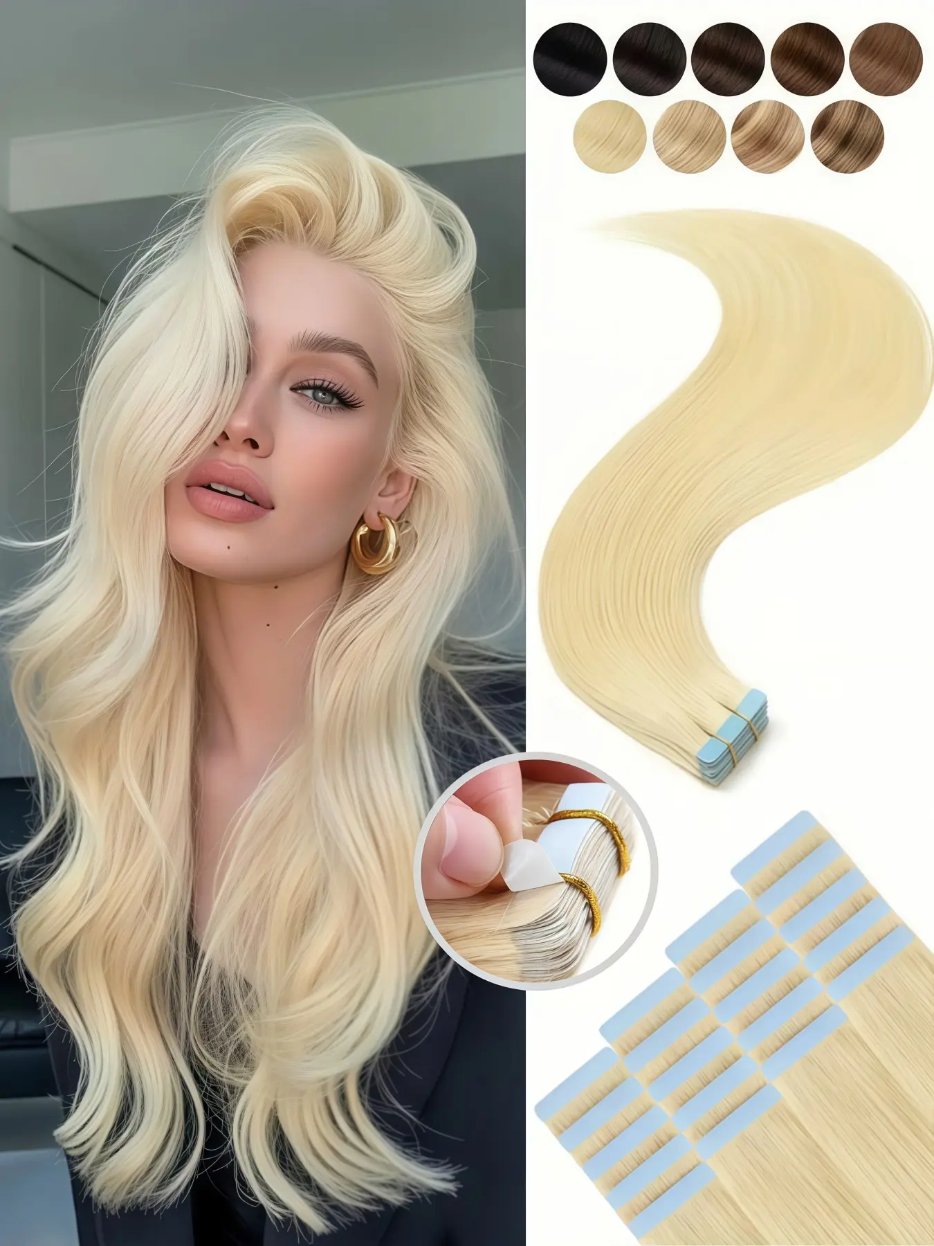 Tape in Human Hair Extensions 20pcs, Affordable Real Hair, Smooth Cuticle, Minimal Shedding, No Tangles, Ideal for Daily Wear, Festivals, Dating