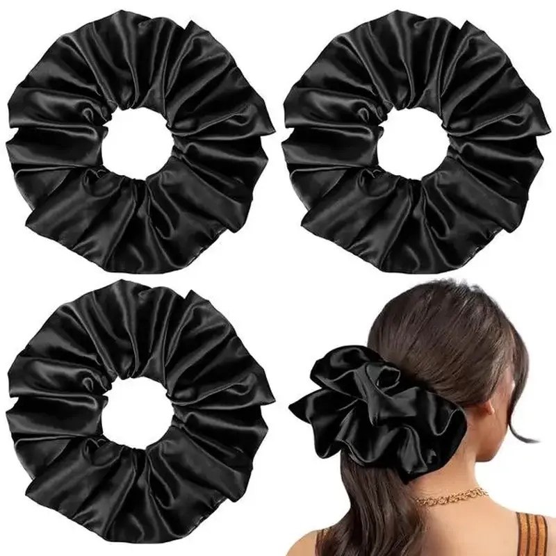 9.5 inch Silk Scrunchies - & Giant Satin Scrunchies - Thick Elastic Fluffy Hair Ties for Women & Girls - 3 Pack (Black, Pink, Ivory)