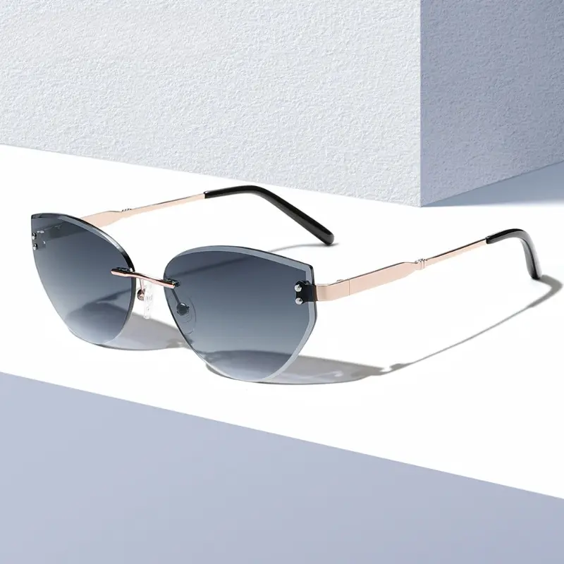 2026 New Rimless Cat Eye Sunglasses for Women, Cut-Edge Metal Frame Shades with Gradient Lenses, UV400 Shield, Unisex Wear Sports Eyewear, High-End Summer Accessory for Vacation, Beach