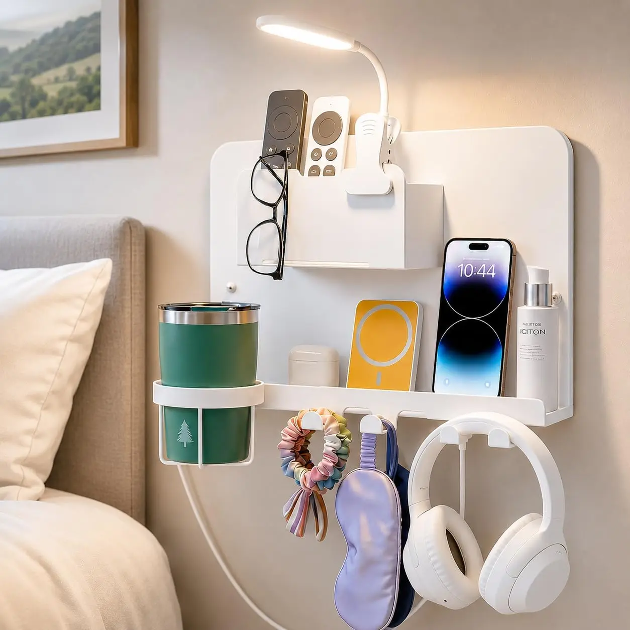 Bedside Wall Shelf, Metal Bedside Wall Organizer with Detachable Cup Holder, No Drill Wall Mounted Storage for Bedroom, Dorm, Loft Bed, Bunk Bed & Small Space Organization