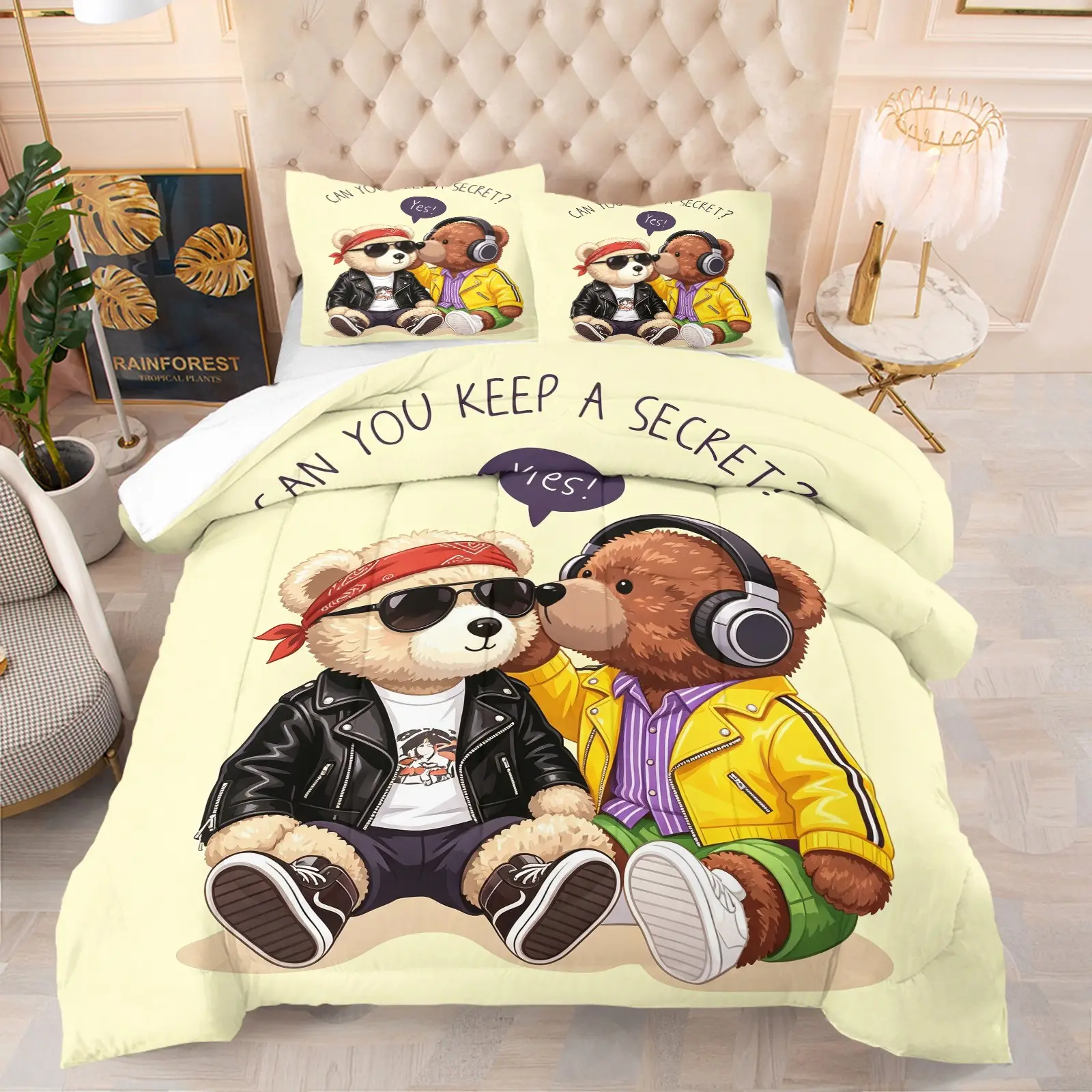 Two small bear print sets, including 1 quilt and 1 or 2 pillowcases without pillow inserts, soft children's and adult bedroom decorative gifts