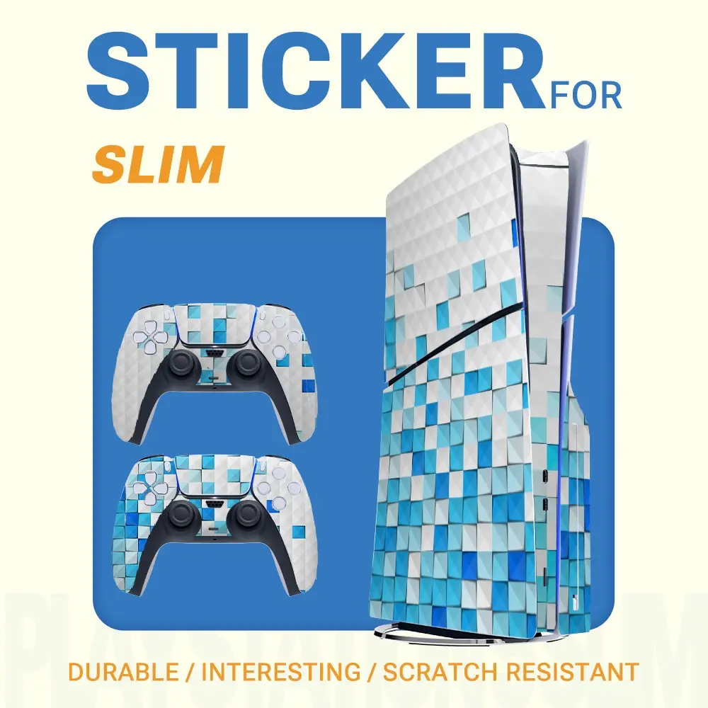 Blue 3D Block Mosaic Vinyl Sticker for Ps5 Slim, Waterproof Removable Game Console Decal, Controller Protection Film, PVC Waterproof Stickers