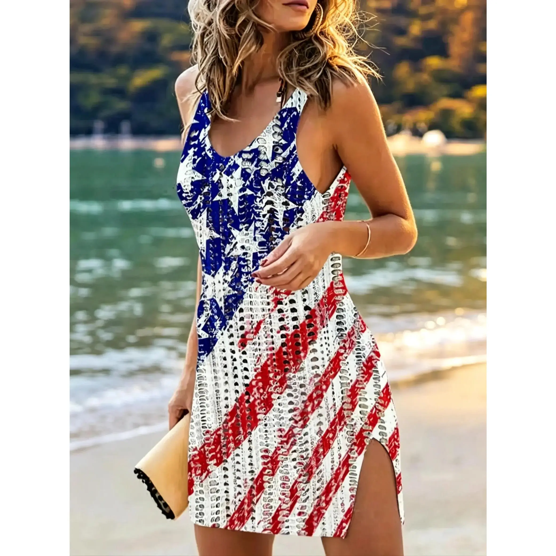 Women's American Flag Hollow Out Split Thigh Tank Dress, 4th of July scoop neck sleeveless A-line dress.Casual summer sundress perfect for Independence Day daily wear and holiday occasions.