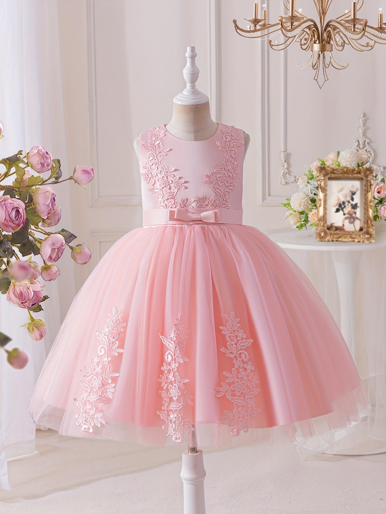Girls Princess Dress Lace Mesh Flower Girl Wedding Stage Runway Sleeveless Midi Crew Neck Embroidered Tie Back Flared Hem All Season Non Stretch Formal Dresses