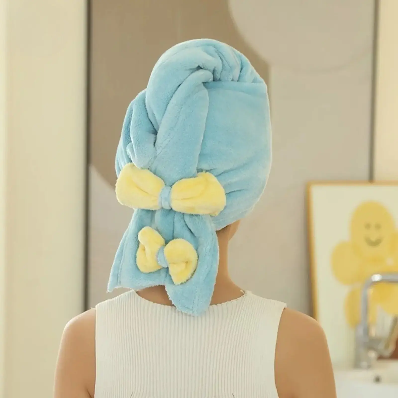 Blue Bow Coral Fleece Hair Drying Towel, Ultra Absorbent Quick-Dry Turban Cap with Double Bow, Soft & No Damage Hair, Cute Design for Women, Perfect for Home & Travel