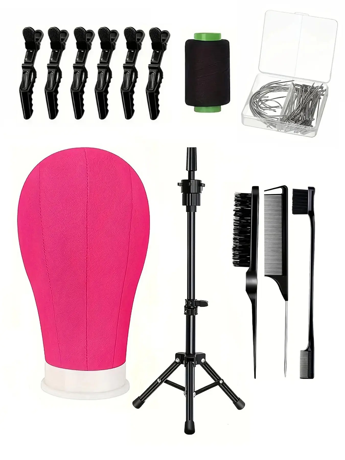 22-inch Magenta Canvas Wig Mannequin Head with Mounting Holes and Bracket, Comes with Hair Clips, Comb Set and Other Tools, Ideal for Wig Making and Styling Design, Wig Crafting Kits