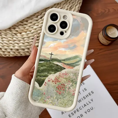 Compatible for iPhone11/12/13/14/15/16/17/promax/x/xs/xr/xsmax Case Hill Cross Sunset Floral Watercolor Soft TPU Shockproof Protective CASE, Accessories, Smartphone