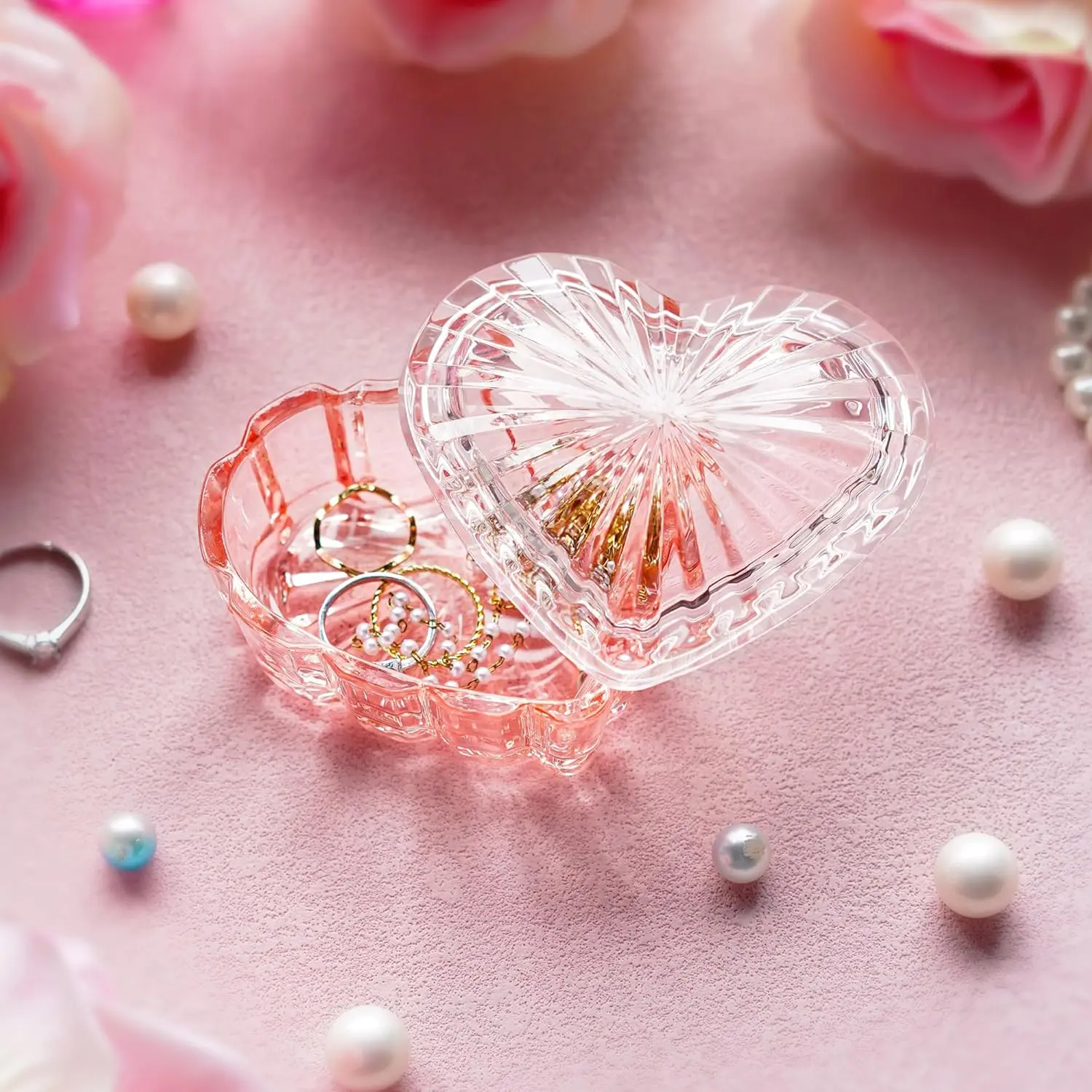 Glass Heart Shaped Jewelry Box Candy Dish with Lid Ring Earring Trinket Storage Box Vintage Jewelry Organizer Decorative Jar Christmas Gift for Women Girls(Pink)