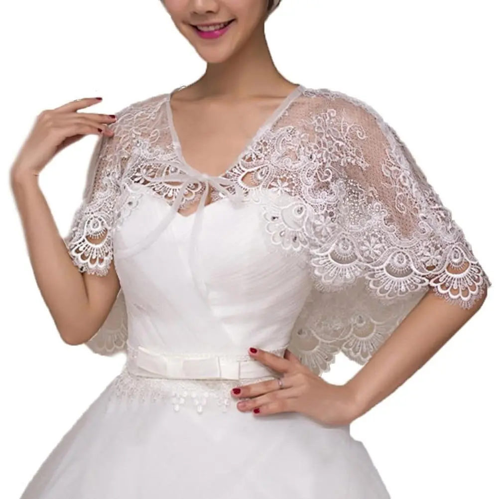 Women's Embroidered Lace Shrug, Bridal Soft Tulle Capelet with Rhinestones for Wedding Evening Party, 1-Size, One Size