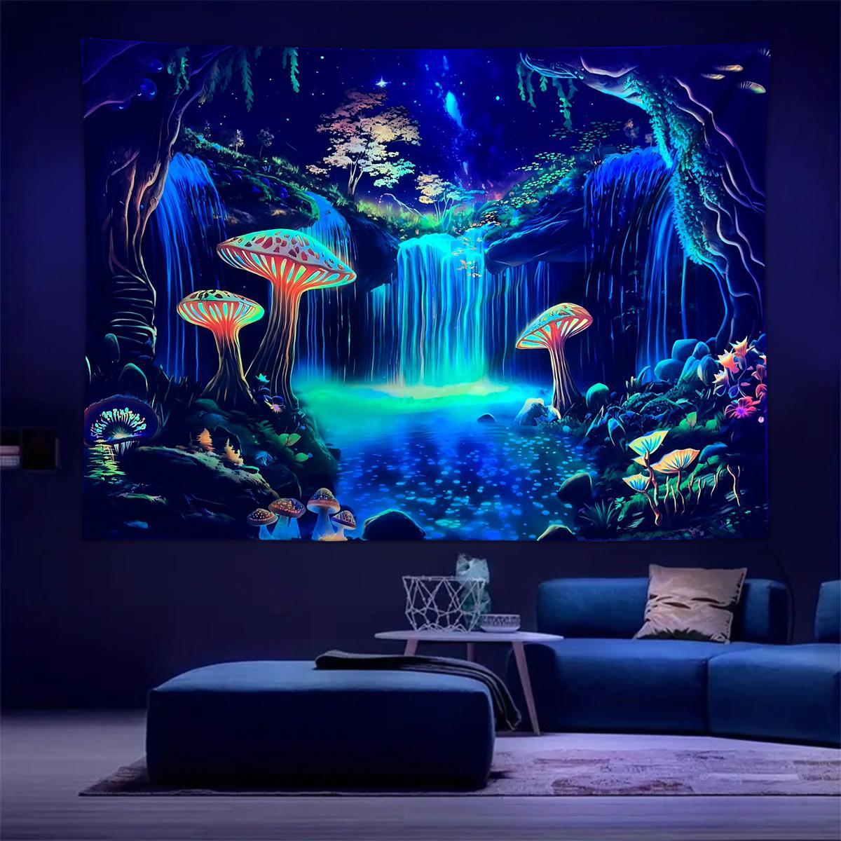 Fluorescent Mushroom Forest Starry Sky Pattern Tapestry, 1 Count UV Responsive Decorative Hanging Tapestry, Wall Hanging Decor for Home Living Room Bedroom, Home Decor