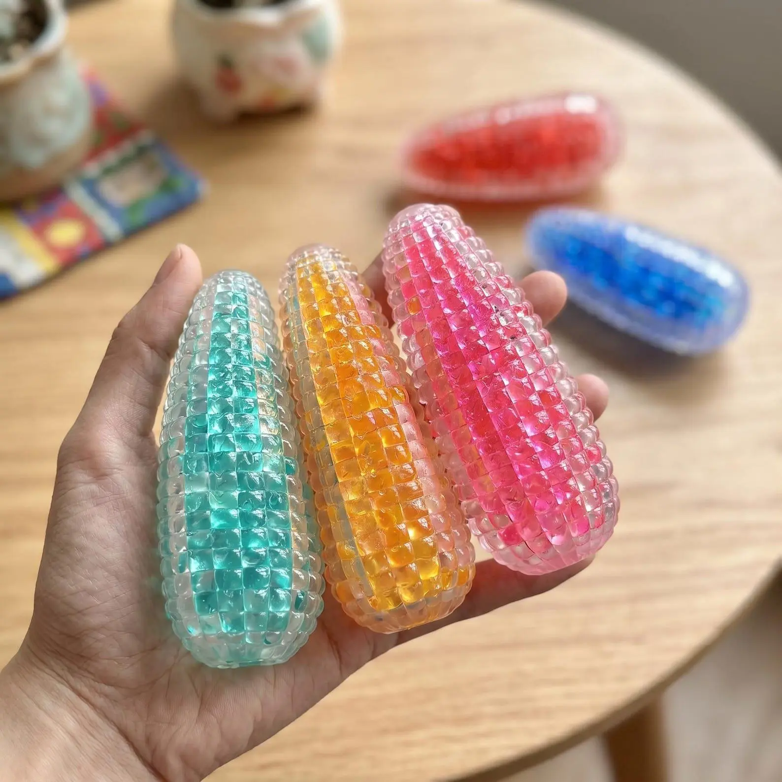 Crystal Corn Squeeze Toy,TPR Transparent Squishy Fidget Toy,Glitter Bead Sensory Stress Relief Toy,Anxiety Calming Gift for Kids & Adults