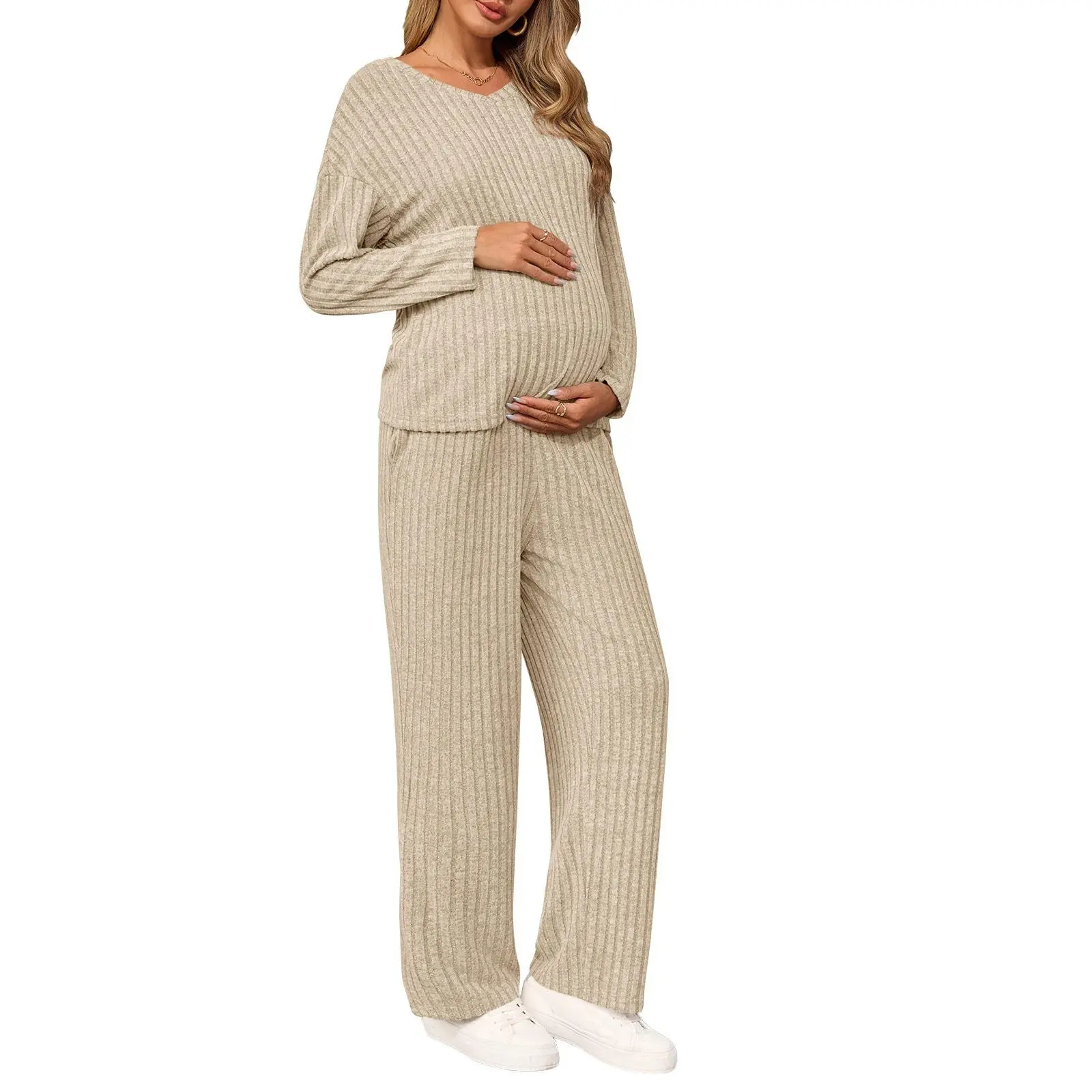 Women's Maternity 2 Piece Pajamas Set, Fitted Ribbed Knit Loungewear with V-Neck Long Sleeve Top and Pants, Polyester, 2 Piece Outfits
