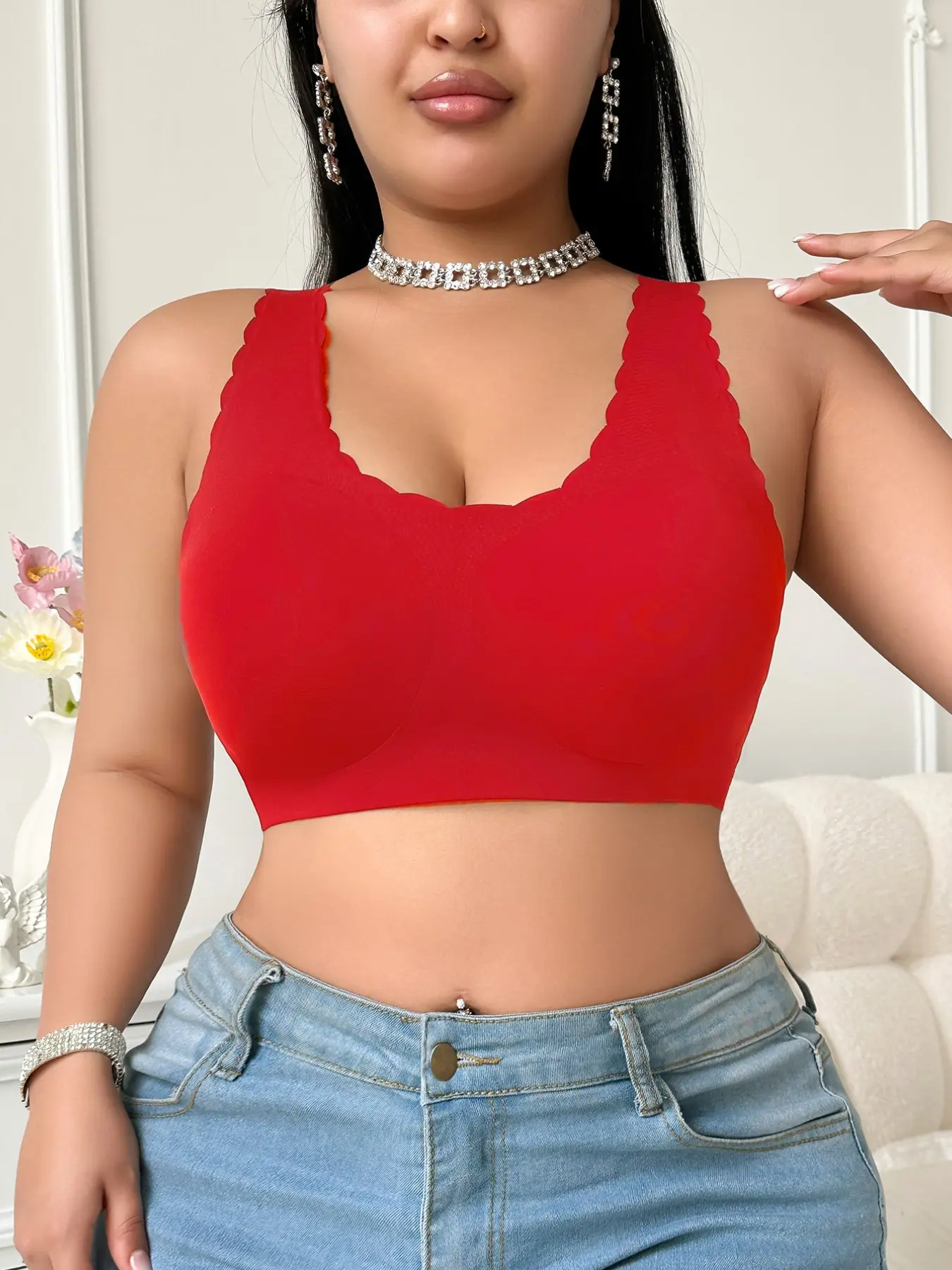 Women's Plus Size Everyday Bralette, No Underwire Full Coverage Cup, Soft Silk Touch, Wave Neckline, Daily Wear Clothing