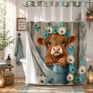 1 Pack No Hook Double Layer Shower Curtain, Decorative Shower Curtain, Highland Cow Daisy Print, Machine Washable, Waterproof, Mildew Resistant, Durable Fabric, Farmhouse Bathroom Decor, Removable Liner, Top See-Through Window, 71"×74