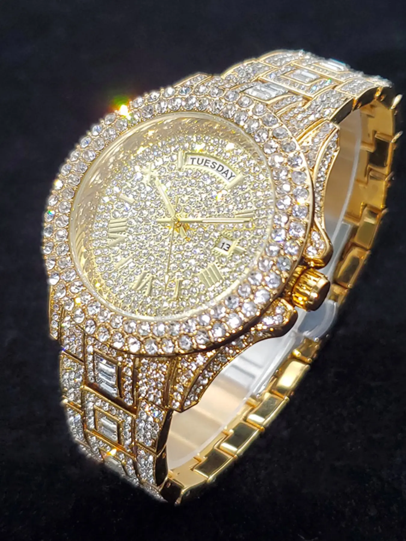 1pcs Full Diamond Quartz Men's Watch European and American Luxury Party Style Sparkling Hip Hop Decoration Week Calendar and Date Luminous Multifunctional Watch Fashion Gift