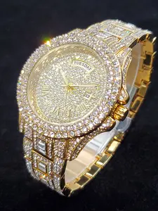 1pcs Full Diamond Quartz Men's Watch European and American Luxury Party Style Sparkling Hip Hop Decoration Week Calendar and Date Luminous Multifunctional Watch Fashion Gift