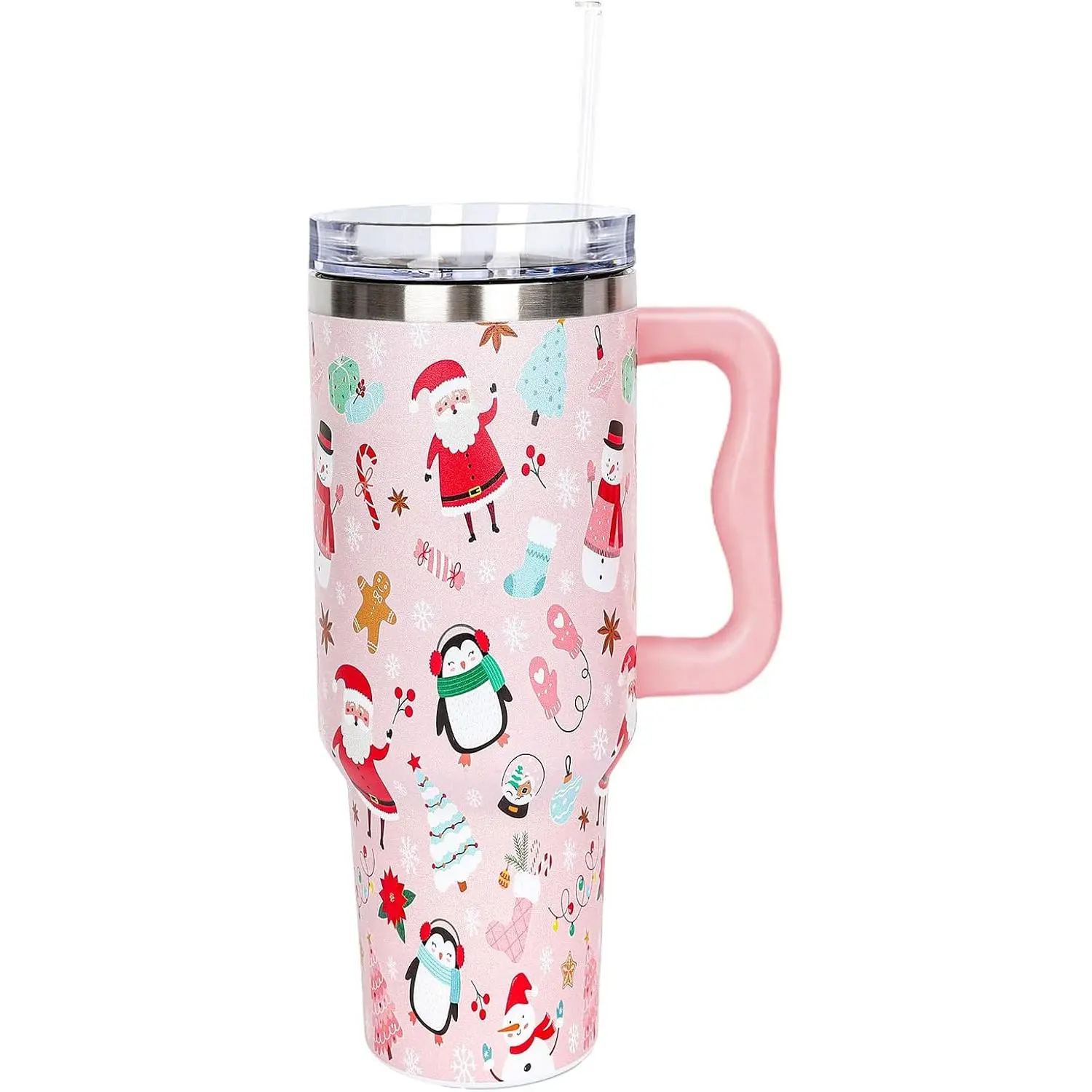 Whaline 40 oz Christmas Tumbler with Handle Straw and Lid Santa Snowman Penguin Travel Coffee Tumbler Cup for Xmas Winter Holiday Birthday Party Gift