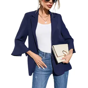 YF Women Lapel Blazer Jacket, 3/4 Flare Bell Sleeve Single Button Casual Suit Coat, Lightweight Open Front Work Office Cardigan, Spring Fall Everyday Outerwear Gift for Her White Navy Plaid Multi Sizes