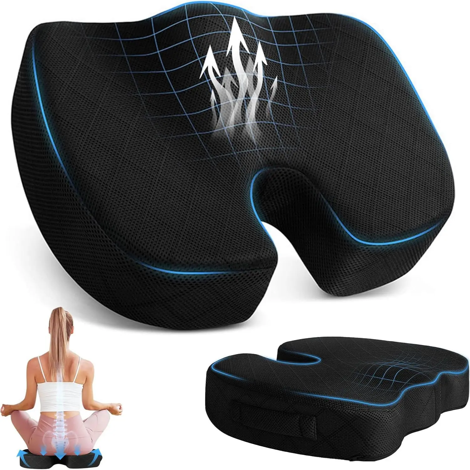 Ergonomic U Shape Seat Cushion, Breathable 3D Air Mesh, Comfortable for Office Chair, Car, Wheelchair, Gaming, Washable, Removable CoverErgonomic U Shape Seat Cushion, Breathable 3D Air Mesh, Comfortable for Office Chair, Car, Wheelchair, Gaming, Washable