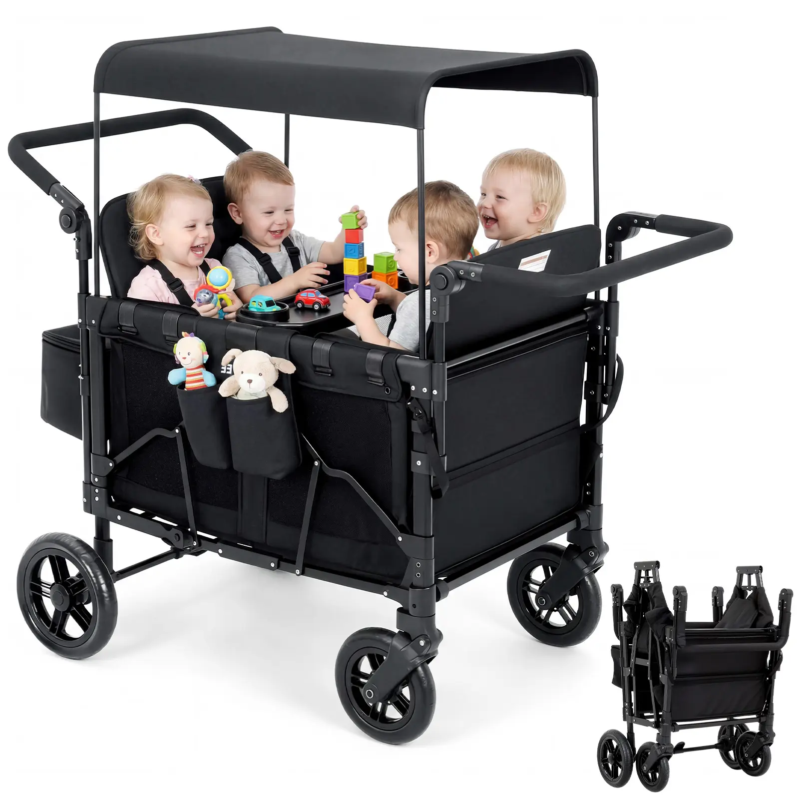 4 Seater Kids Wagon with Canopy Removable, Kids Wagon with Seats&Snack Tray, Adjustable Push/Pull Handle & Fold Toddler Wagon Stroller
