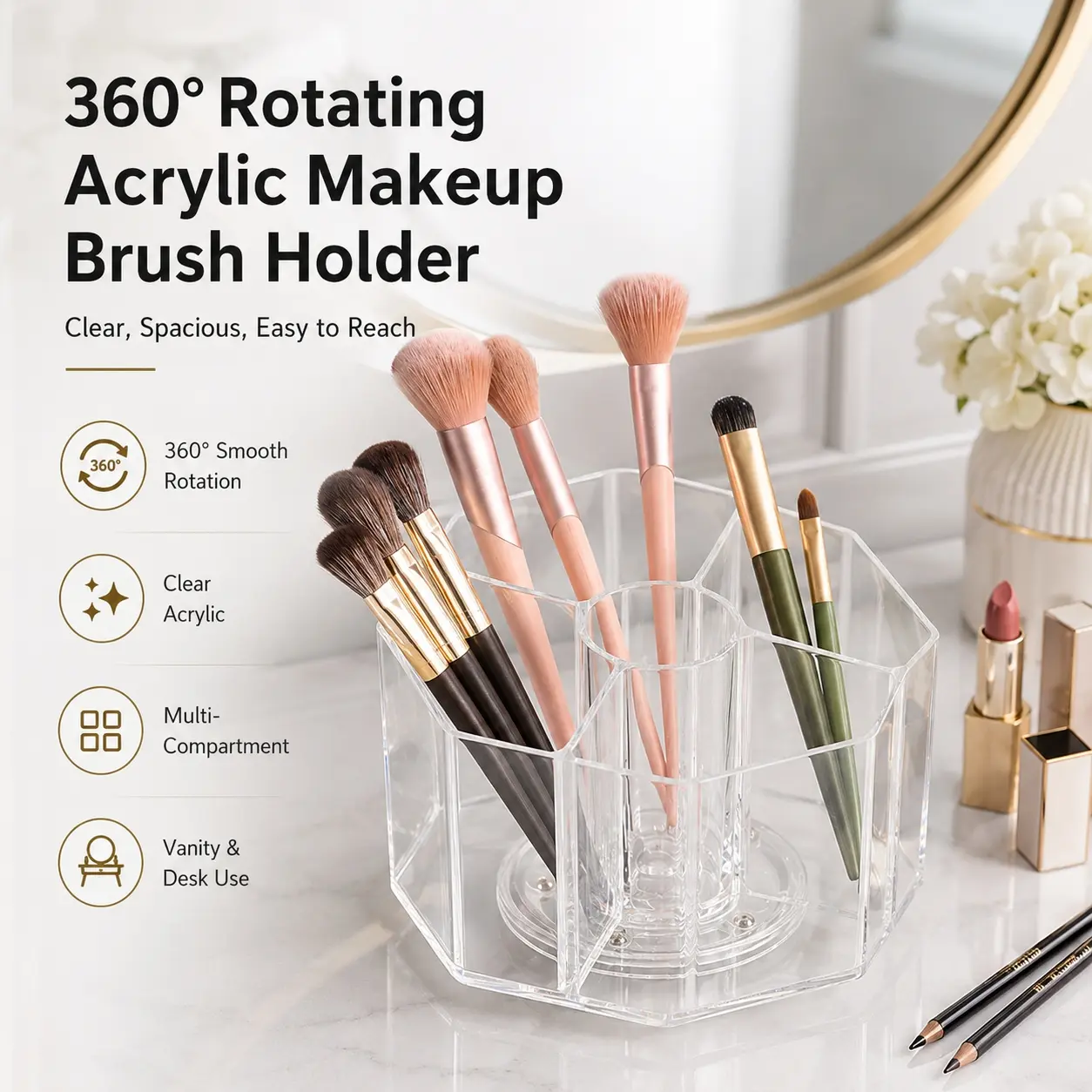 360° Rotating Acrylic Makeup Brush Holder, Modern Clear Multi-Compartment Desk Organizer with Smooth Spinning Base, Large Capacity Cosmetic and Pencil Storage for Lipstick, Eyeliner, Art Supplies, Vanity, Home Office and Classroom