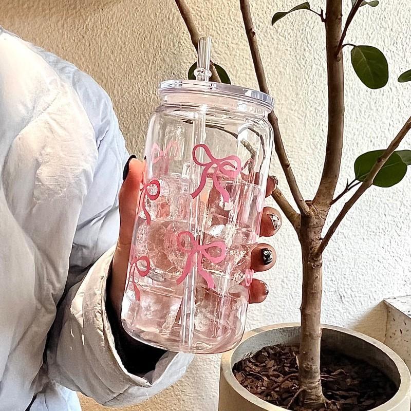 Bow Pattern Clear Water Bottle, 1 Count Water Cup with Lid & Straw, Drinking Cup for Tea, Juice, Milk, Drinkware for Office, Restaurant, Classroom, Picnic, Party