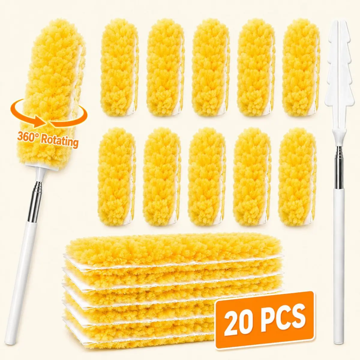 Telescopic Extendable Duster with 20 Disposable Microfiber Refill Heads, Dusting Stick Cleaning Cloths & Flexible Lightweight Cleaning Tool for High Corners, Home Use