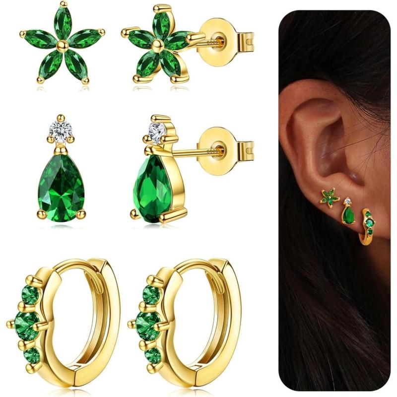 FIBO STEEL 3 Pairs Stainless Steel Stud Earrings Set for Women 14K Golden Plated Hoops Earrings Dainty Studs Huggies Earings Fashion Piercings Jewelry