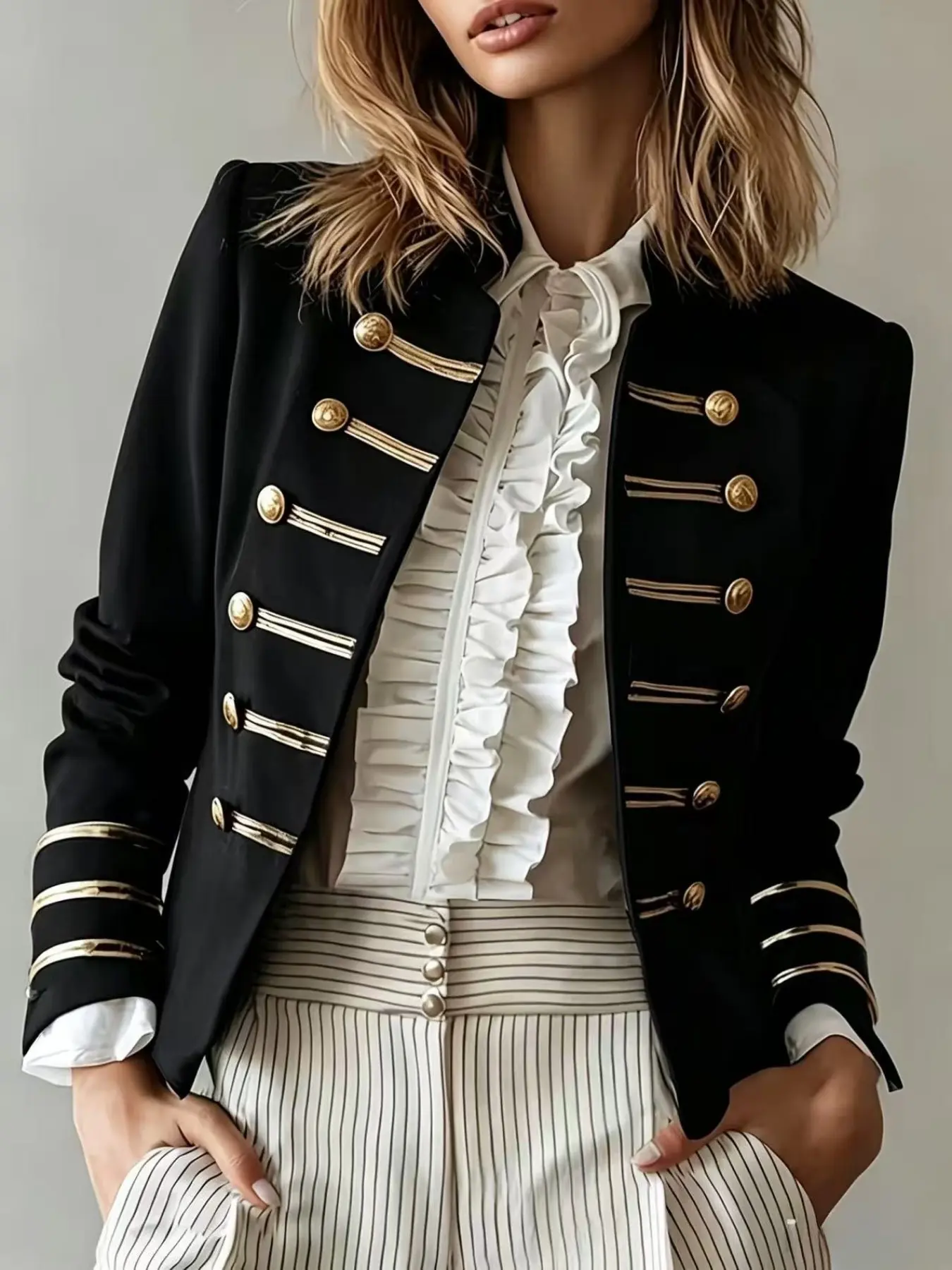 Navy Style Suit Jacket with Stripes and Buttons, Perfect for Daily Wear, Christmas, New Year, Parties, Valentine's Day