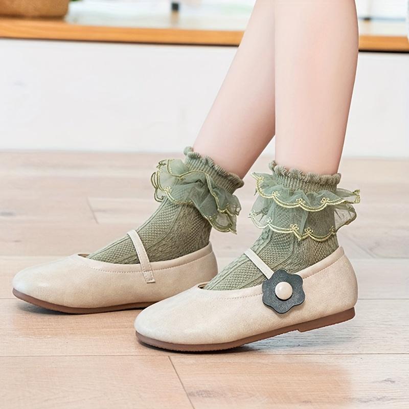 (New)New[Breathable Lace Socks] 5 Pairs Breathable Girls' Lace Ruffle Socks |               Polyester Blend, Comfortable, All-Season White Princess Socks for Dancing, Hand Wash Only, Dancing Socks |               Ruffle Detail Socks |               Knit T