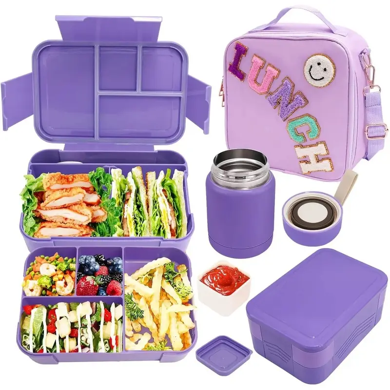 Lunch Box for Girls with 10oz Thermo, with 6 Compartment Bento Box, Purple Nylon Insulated Lunch Bag Adjustable Strap for Girl  Teens School Travel Picnic